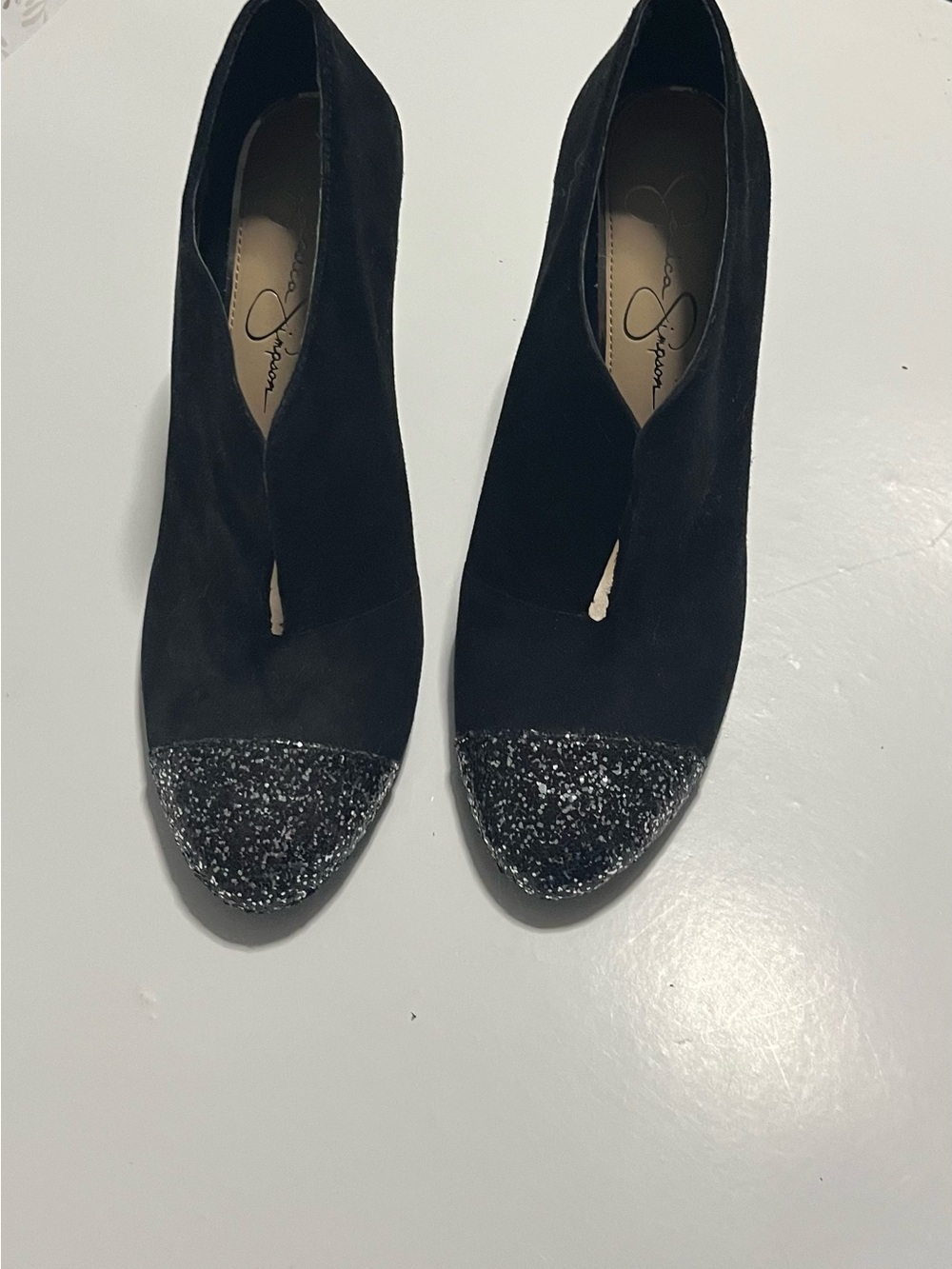 Jessica Simpson Black Suede Ankle Booties with Glitter Cap Toe